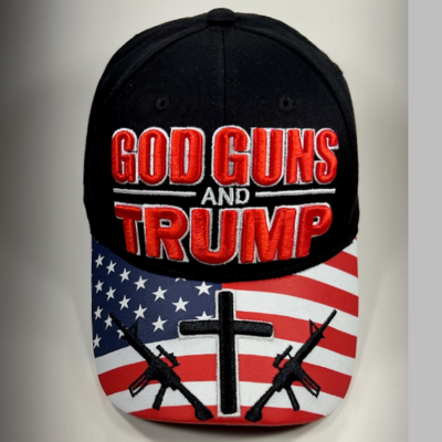 GOD, GUNS and TRUMP Cap – Available in Red, Green Camo, Blue, and Black