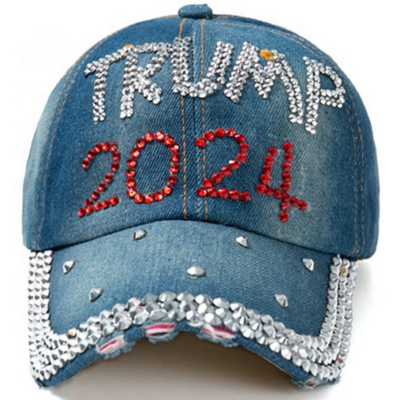 Trump 2024 Rhinestone Cap - Available in Blue Denim